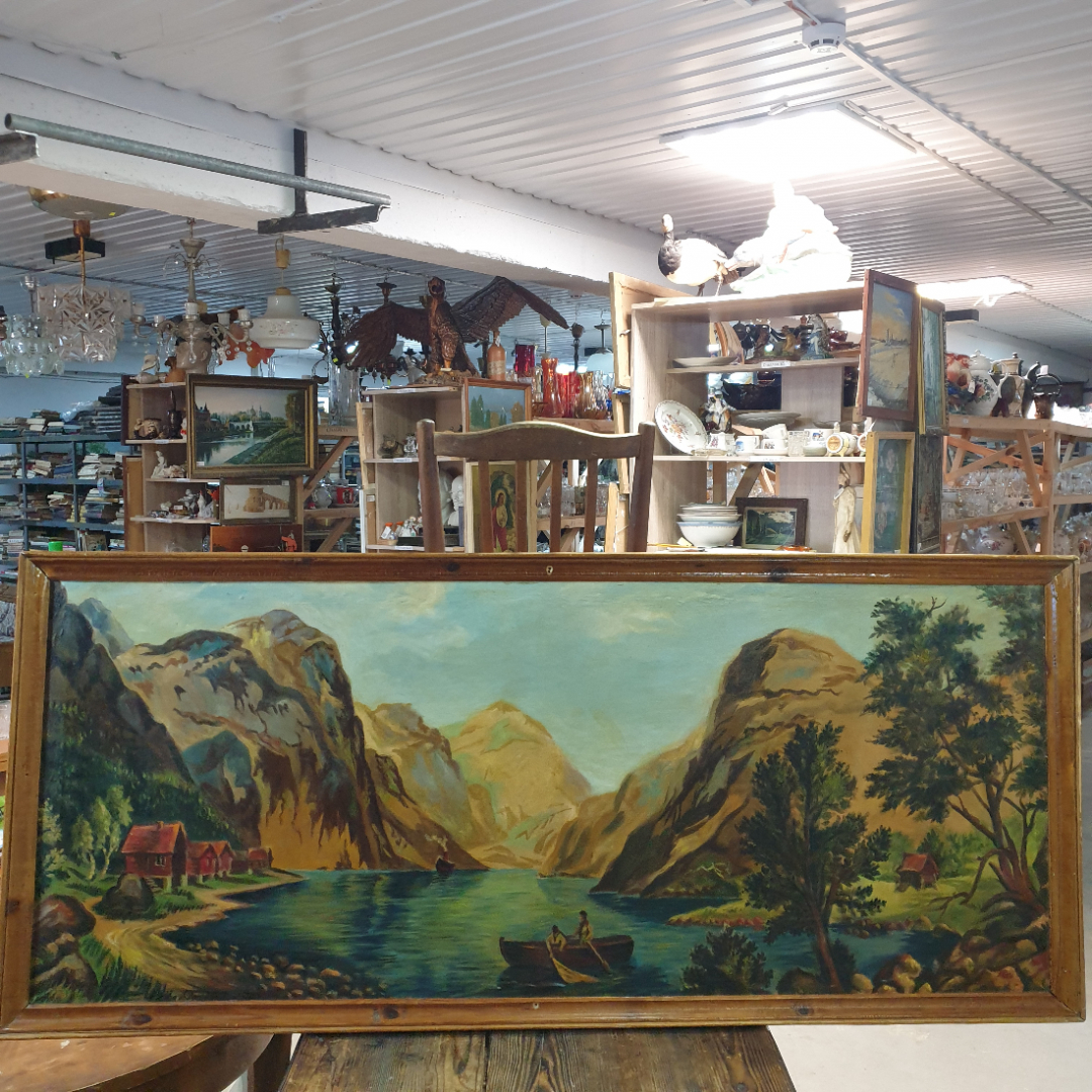 Картина "Жизнь на горном озере" холст, масло, небольшие дефекты рамы, есть подпись худ-ка, 152х67см. Картинка 1